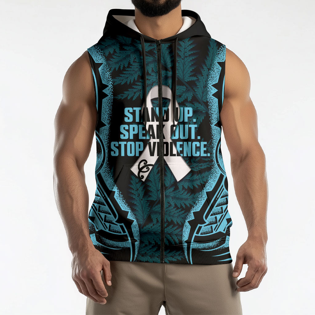 White Ribbon Day New Zealand Sleeveless Zip Hoodie Respect Women Maori Pattern Blue LT14 - Polynesian Pride