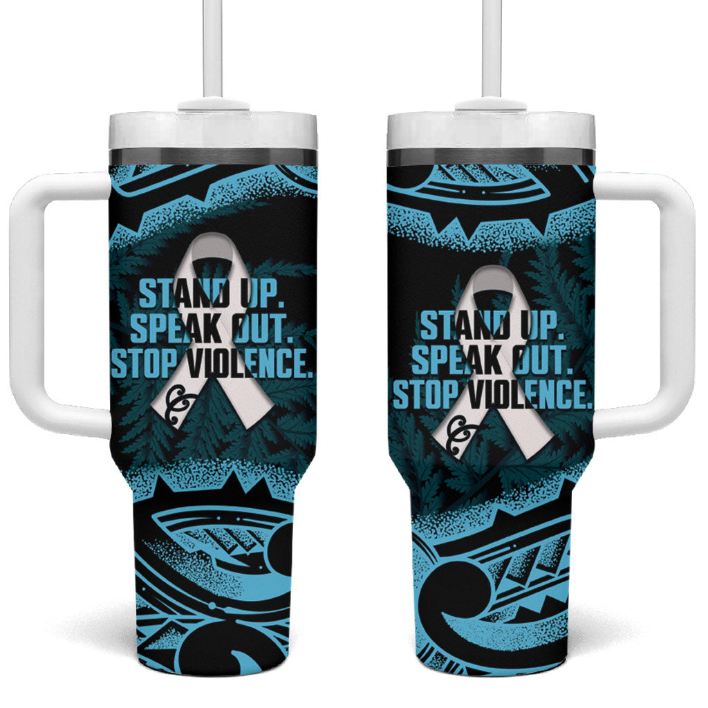White Ribbon Day New Zealand Tumbler With Handle Respect Women Maori Pattern Blue LT14 One Size: 40 oz Blue - Polynesian Pride