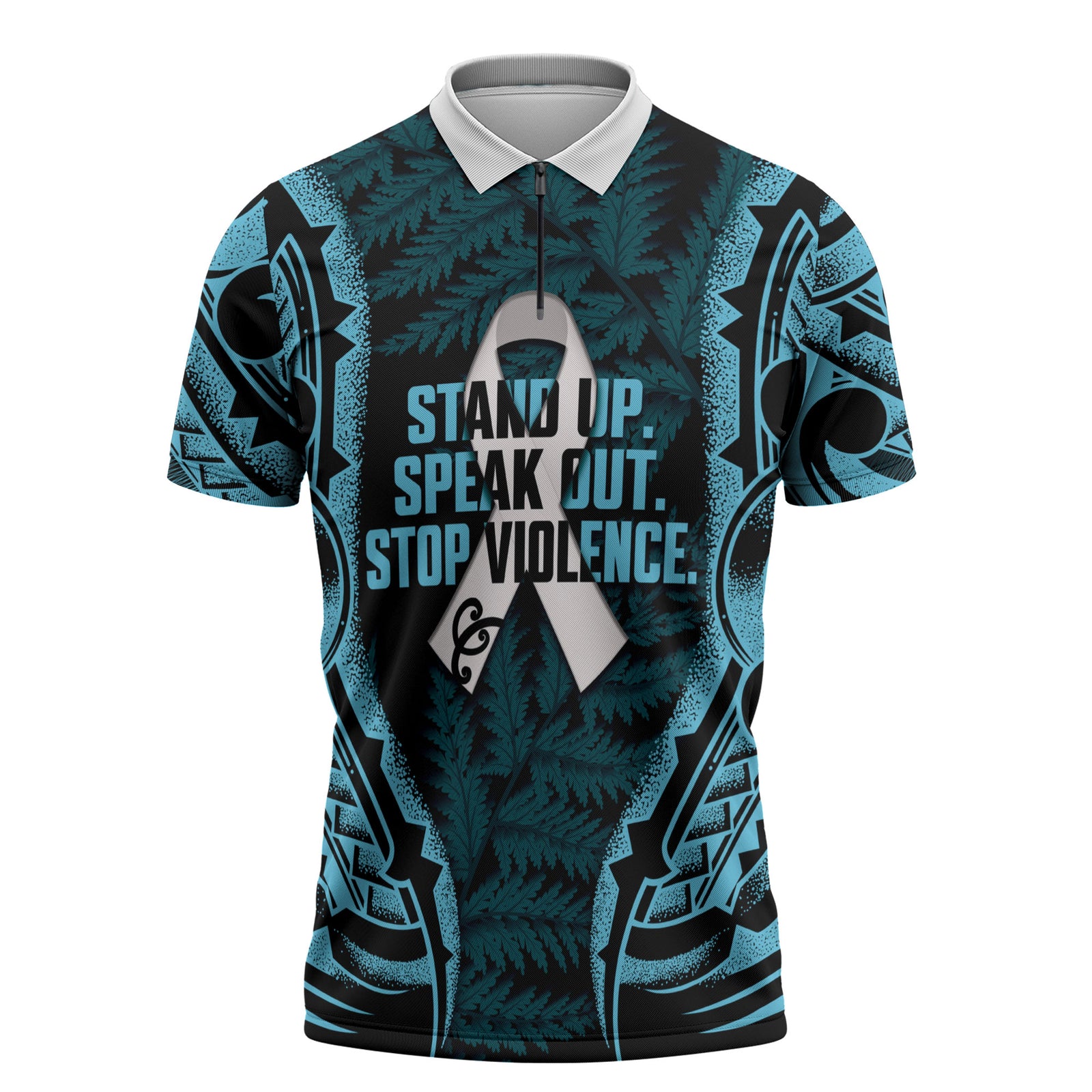 White Ribbon Day New Zealand Zipper Polo Shirt Respect Women Maori Pattern Blue LT14 Blue - Polynesian Pride