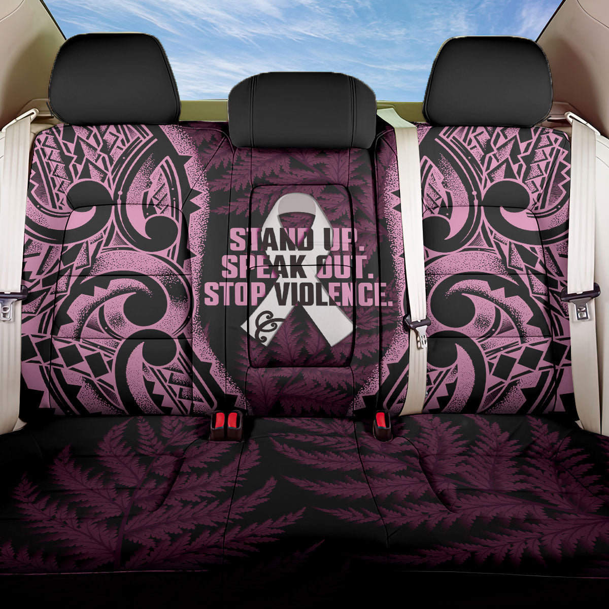 White Ribbon Day New Zealand Back Car Seat Cover Respect Women Maori Pattern Pink LT14 One Size Pink - Polynesian Pride