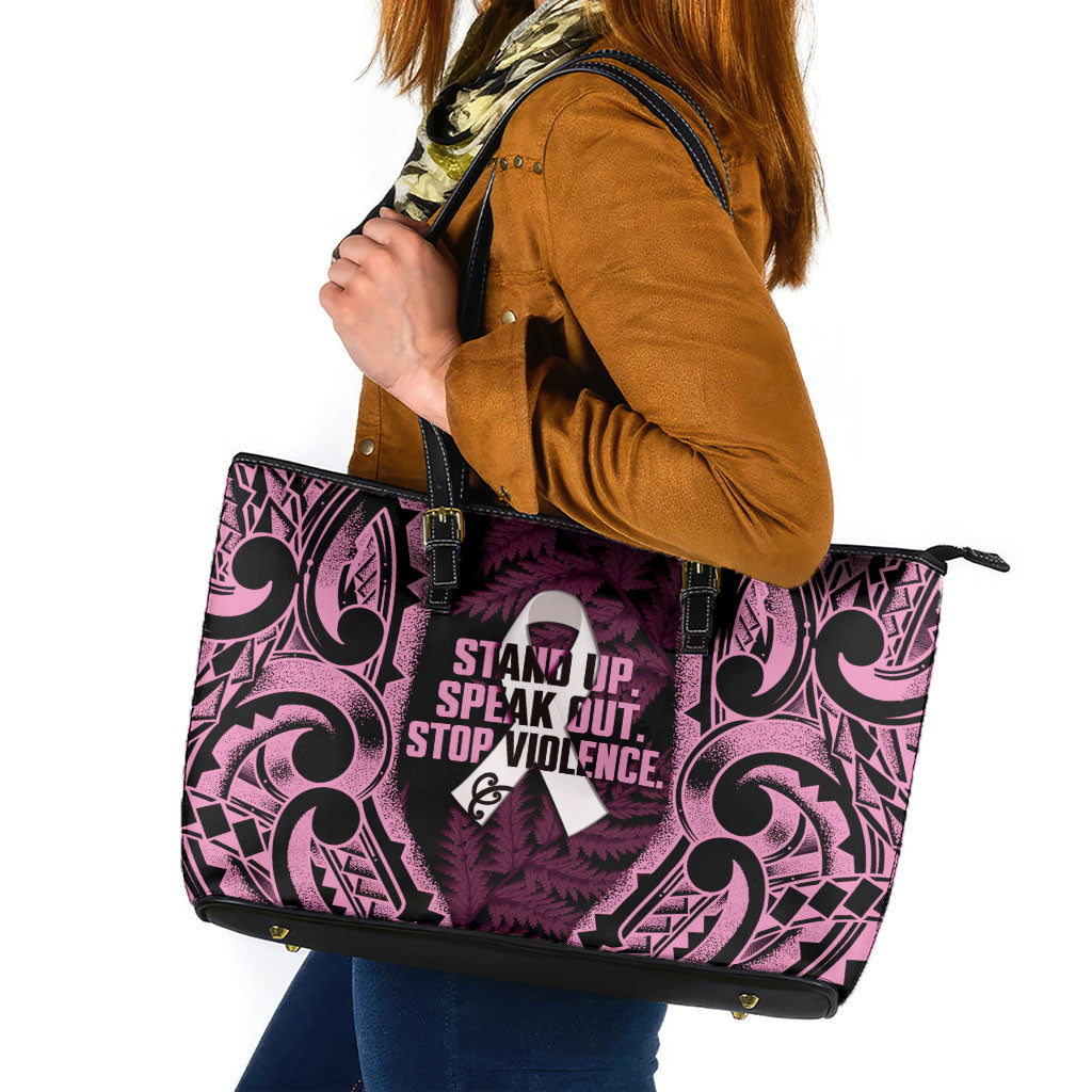 White Ribbon Day New Zealand Leather Tote Bag Respect Women Maori Pattern Pink LT14 Pink - Polynesian Pride
