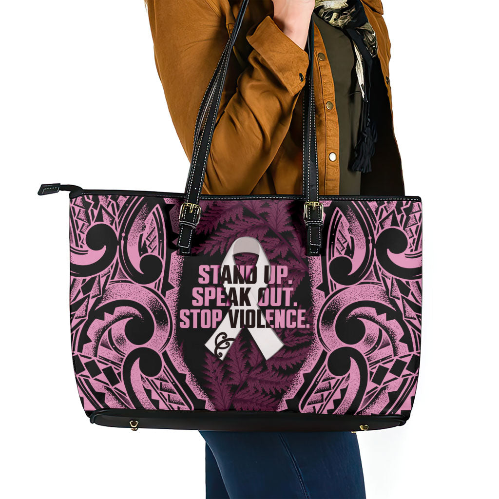 White Ribbon Day New Zealand Leather Tote Bag Respect Women Maori Pattern Pink LT14 - Polynesian Pride