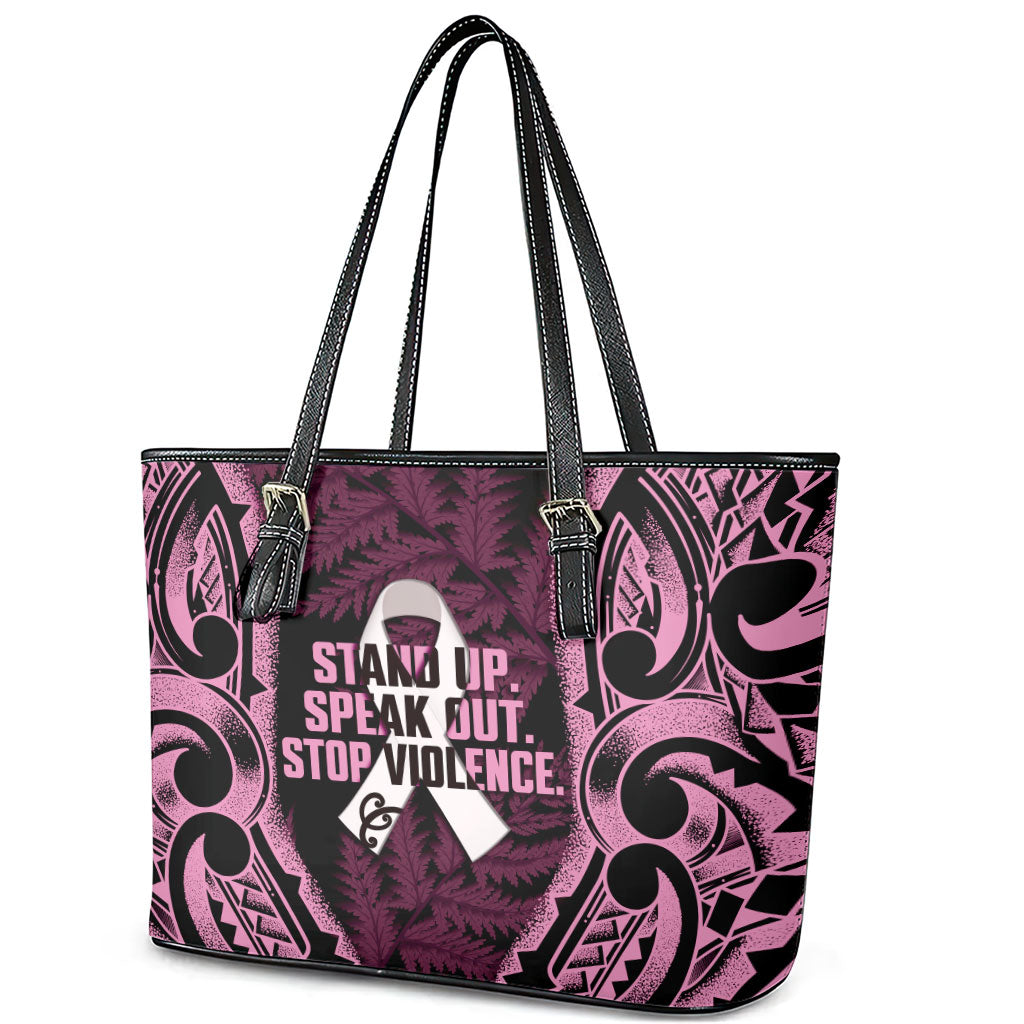 White Ribbon Day New Zealand Leather Tote Bag Respect Women Maori Pattern Pink LT14 - Polynesian Pride