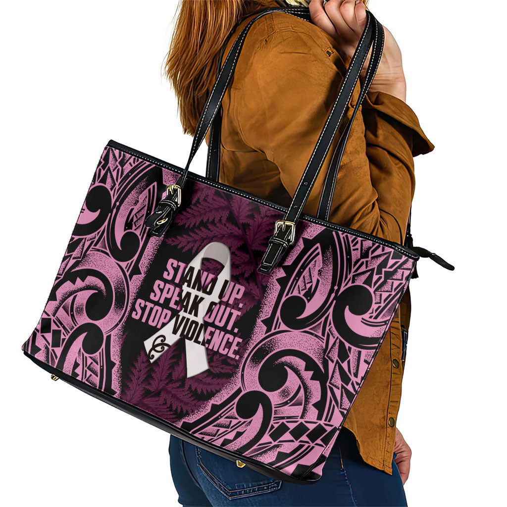 White Ribbon Day New Zealand Leather Tote Bag Respect Women Maori Pattern Pink LT14 - Polynesian Pride