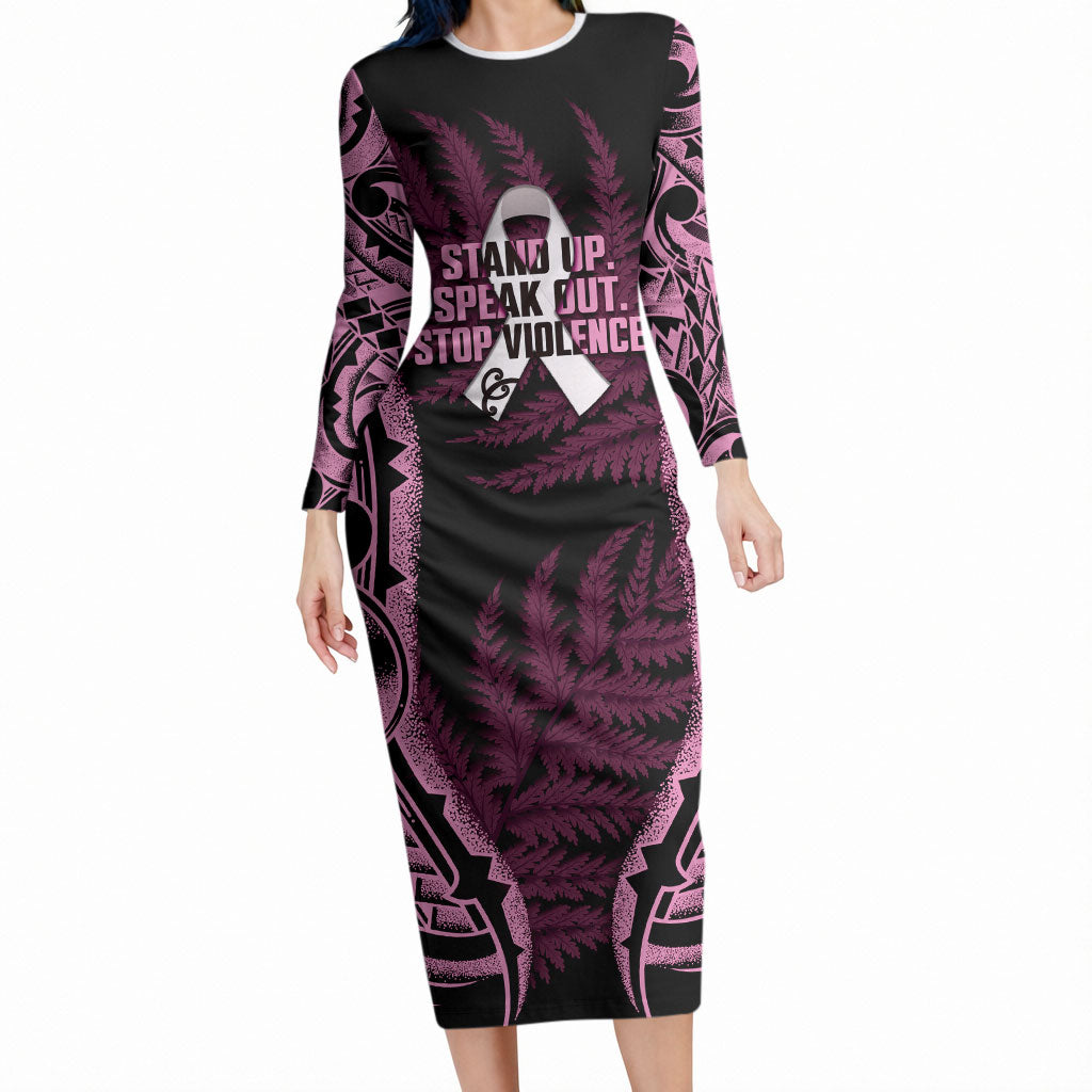White Ribbon Day New Zealand Long Sleeve Bodycon Dress Respect Women Maori Pattern Pink LT14 Long Dress Pink - Polynesian Pride