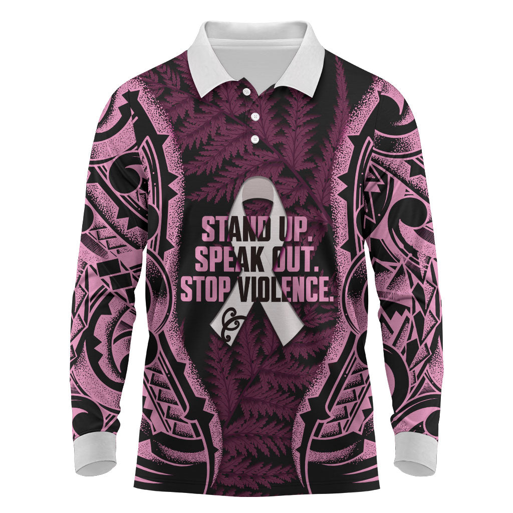 White Ribbon Day New Zealand Long Sleeve Polo Shirt Respect Women Maori Pattern Pink LT14 Pink - Polynesian Pride