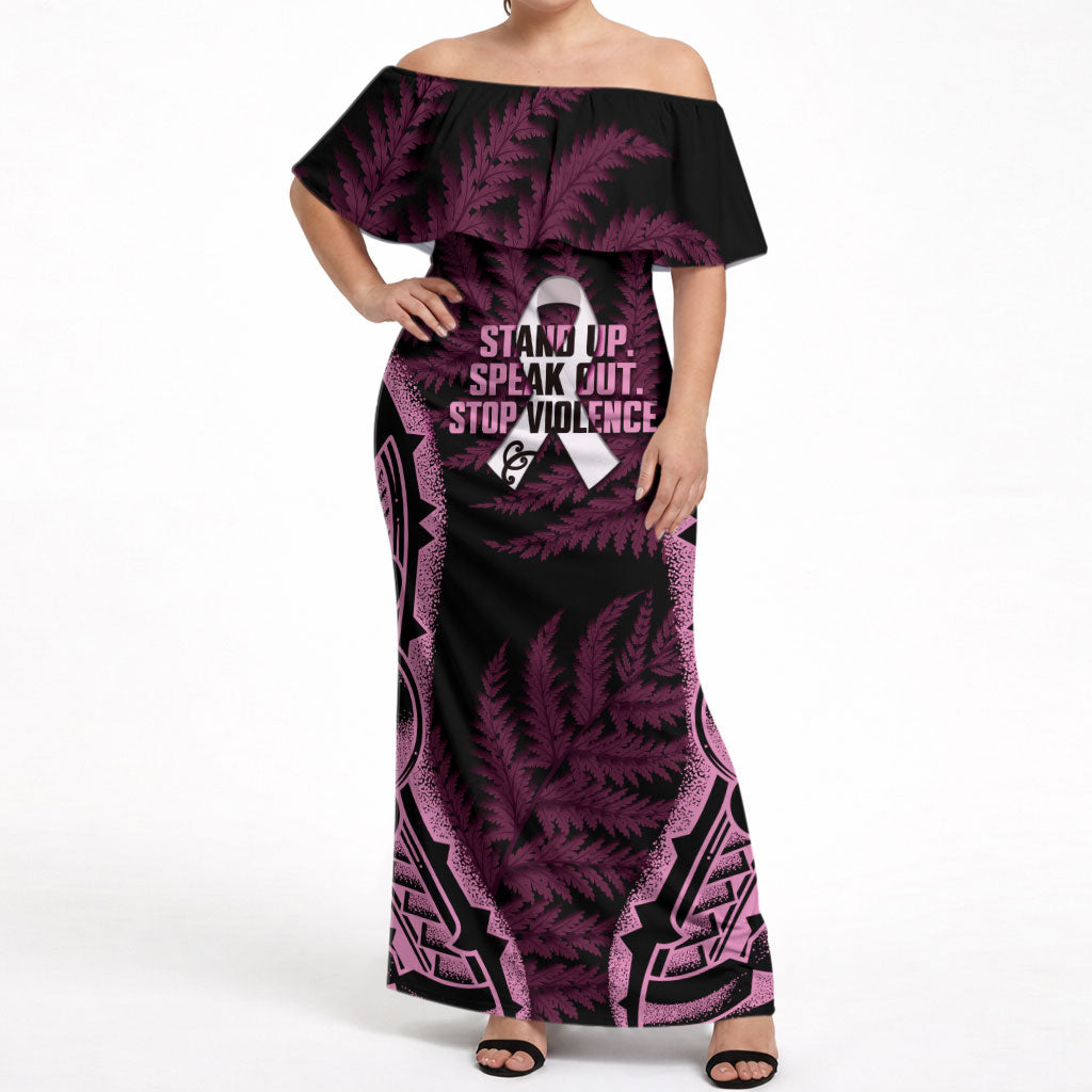 White Ribbon Day New Zealand Off Shoulder Maxi Dress Respect Women Maori Pattern Pink LT14 Women Pink - Polynesian Pride