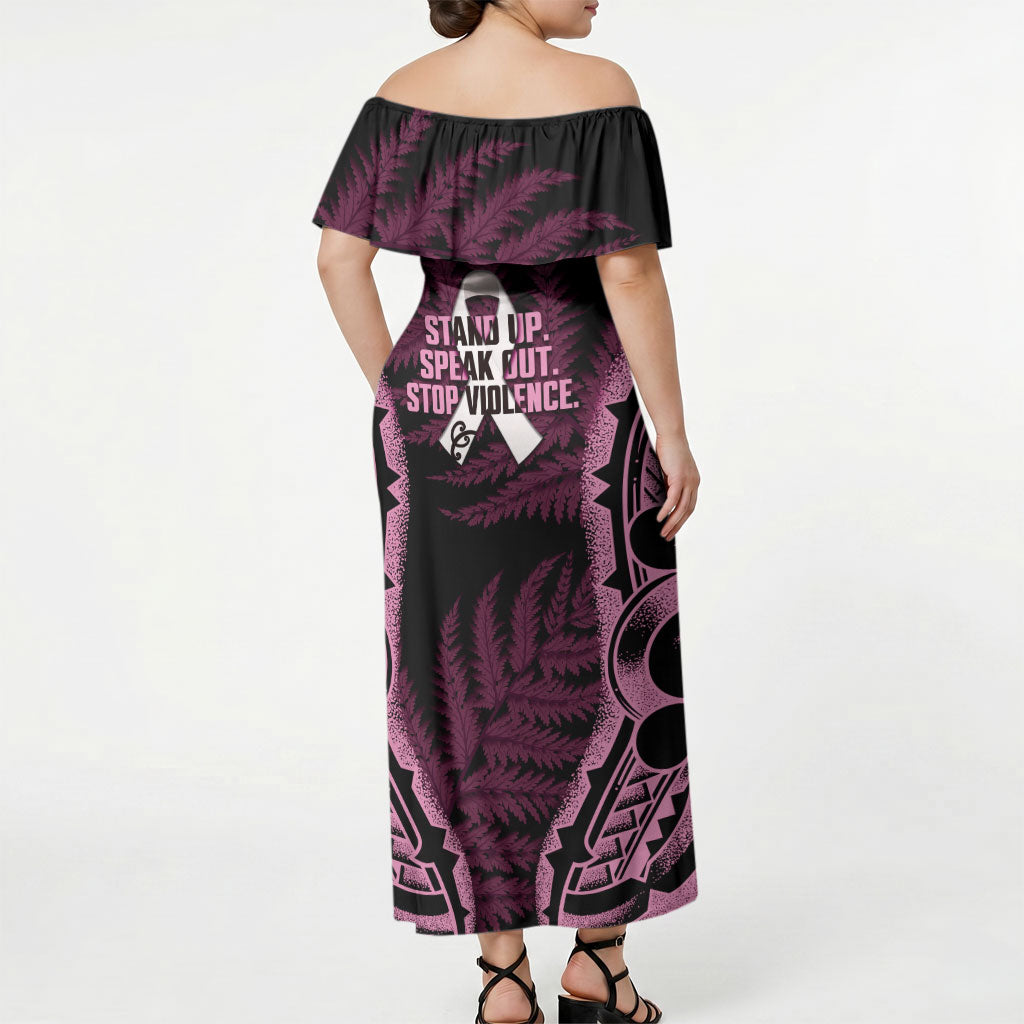 White Ribbon Day New Zealand Off Shoulder Maxi Dress Respect Women Maori Pattern Pink LT14 - Polynesian Pride
