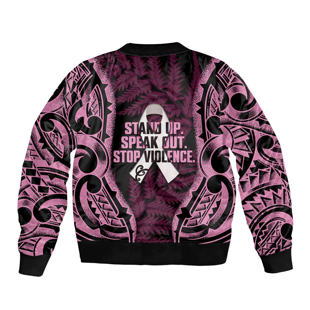 White Ribbon Day New Zealand Sleeve Zip Bomber Jacket Respect Women Maori Pattern Pink LT14 - Polynesian Pride