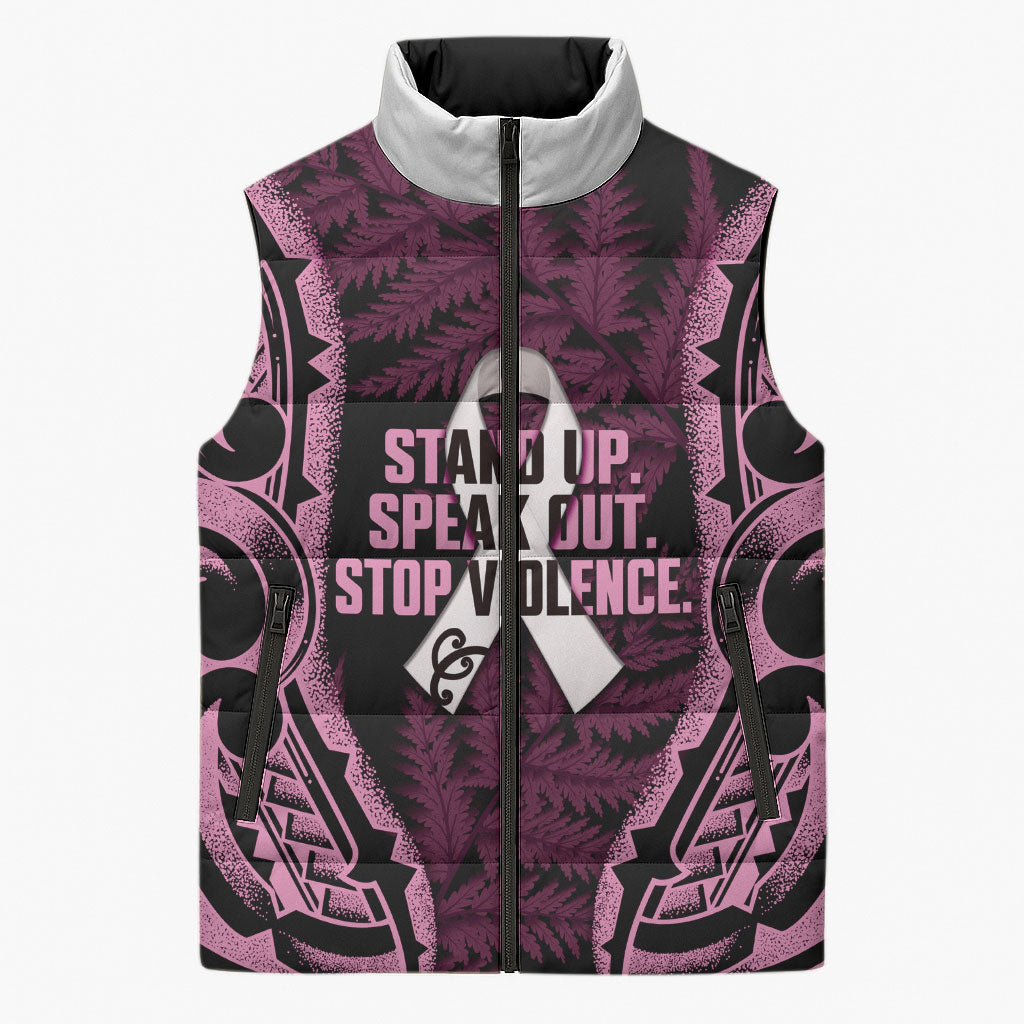 White Ribbon Day New Zealand Sleeveless Puffer Jacket Respect Women Maori Pattern Pink LT14 Unisex Pink - Polynesian Pride