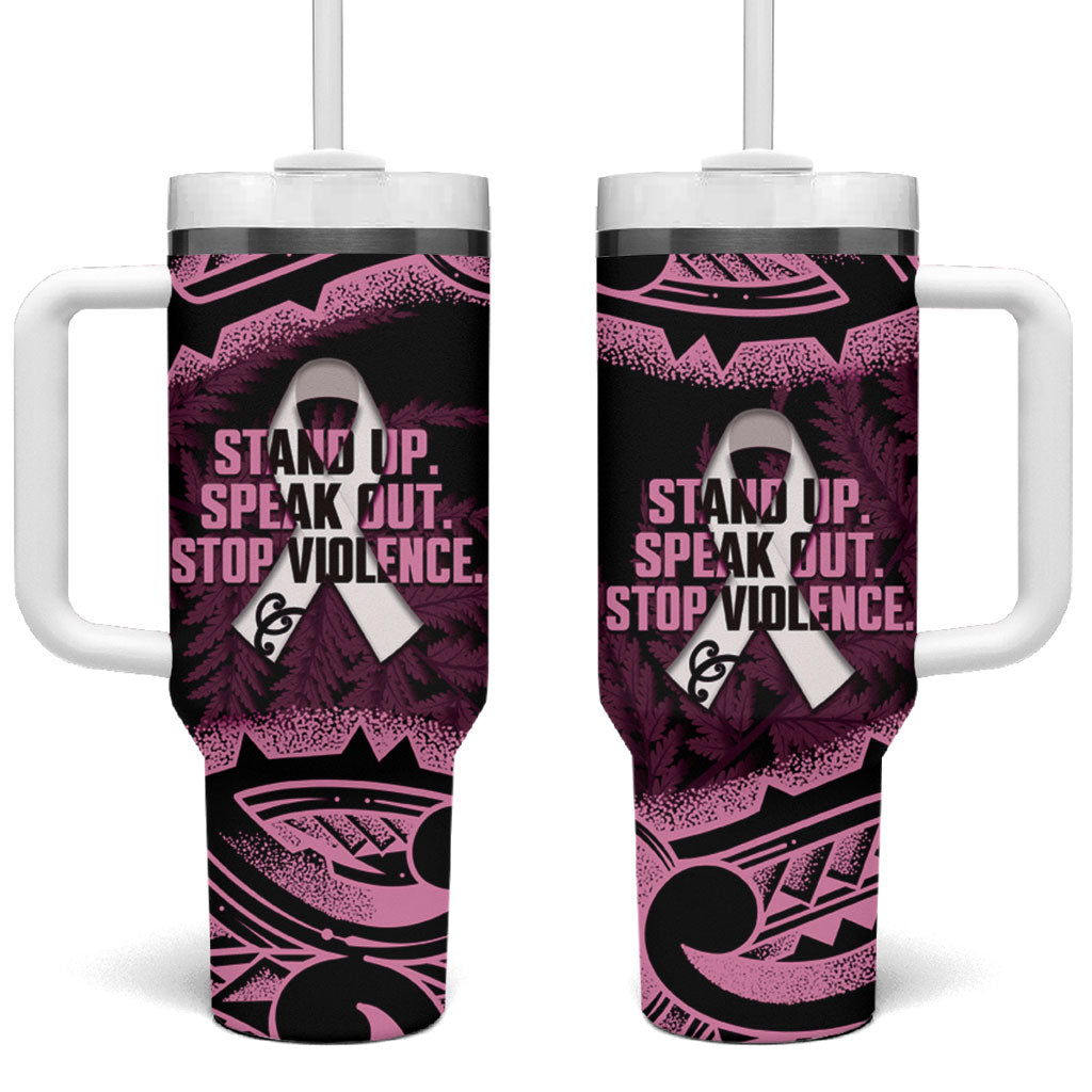 White Ribbon Day New Zealand Tumbler With Handle Respect Women Maori Pattern Pink LT14 One Size: 40 oz Pink - Polynesian Pride