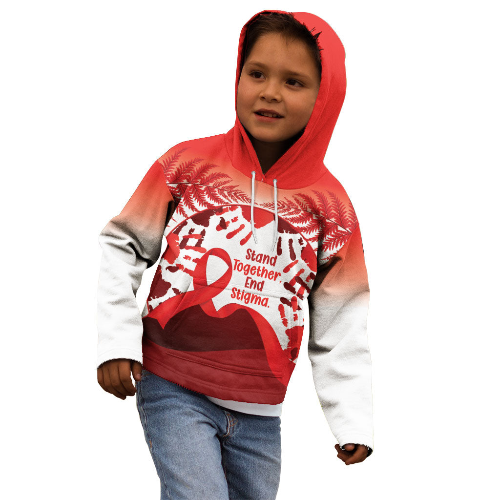 Red Ribbon Day New Zealand Kid Hoodie Stand Together End Stigma NZ Fern LT14 - Polynesian Pride