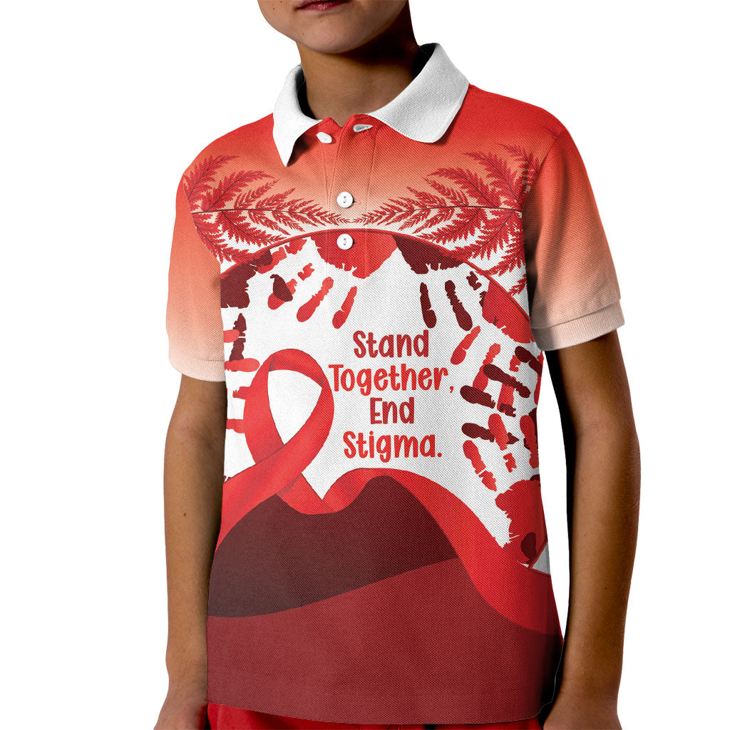 Red Ribbon Day New Zealand Kid Polo Shirt Stand Together End Stigma NZ Fern LT14 Kid Red - Polynesian Pride