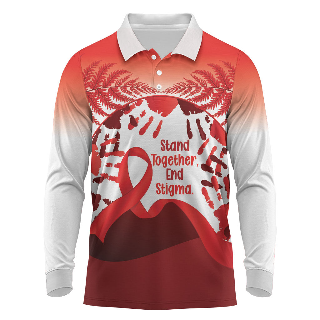 Red Ribbon Day New Zealand Long Sleeve Polo Shirt Stand Together End Stigma NZ Fern LT14 Red - Polynesian Pride