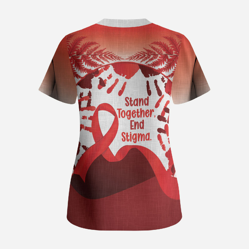Red Ribbon Day New Zealand Scrub Top Stand Together End Stigma NZ Fern LT14 - Polynesian Pride