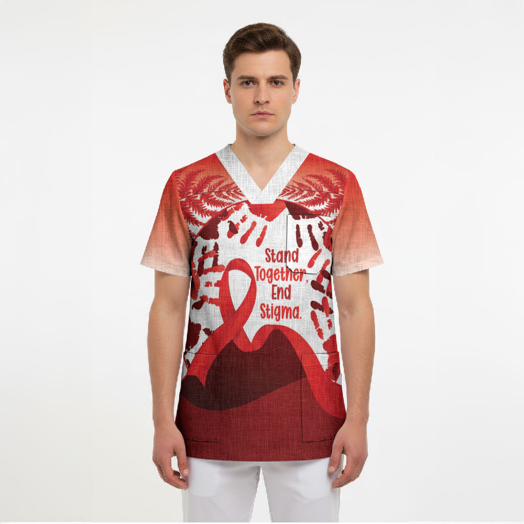Red Ribbon Day New Zealand Scrub Top Stand Together End Stigma NZ Fern LT14 - Polynesian Pride