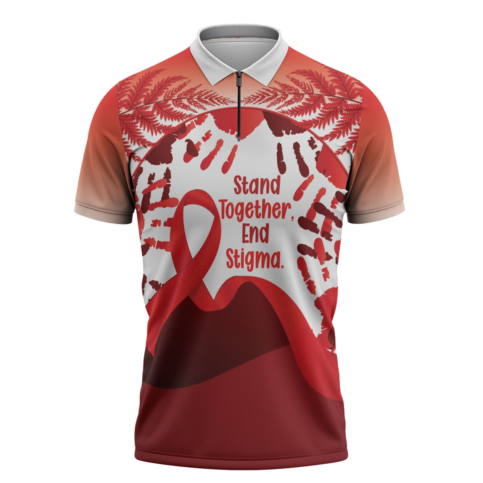 Red Ribbon Day New Zealand Zipper Polo Shirt Stand Together End Stigma NZ Fern LT14 Red - Polynesian Pride