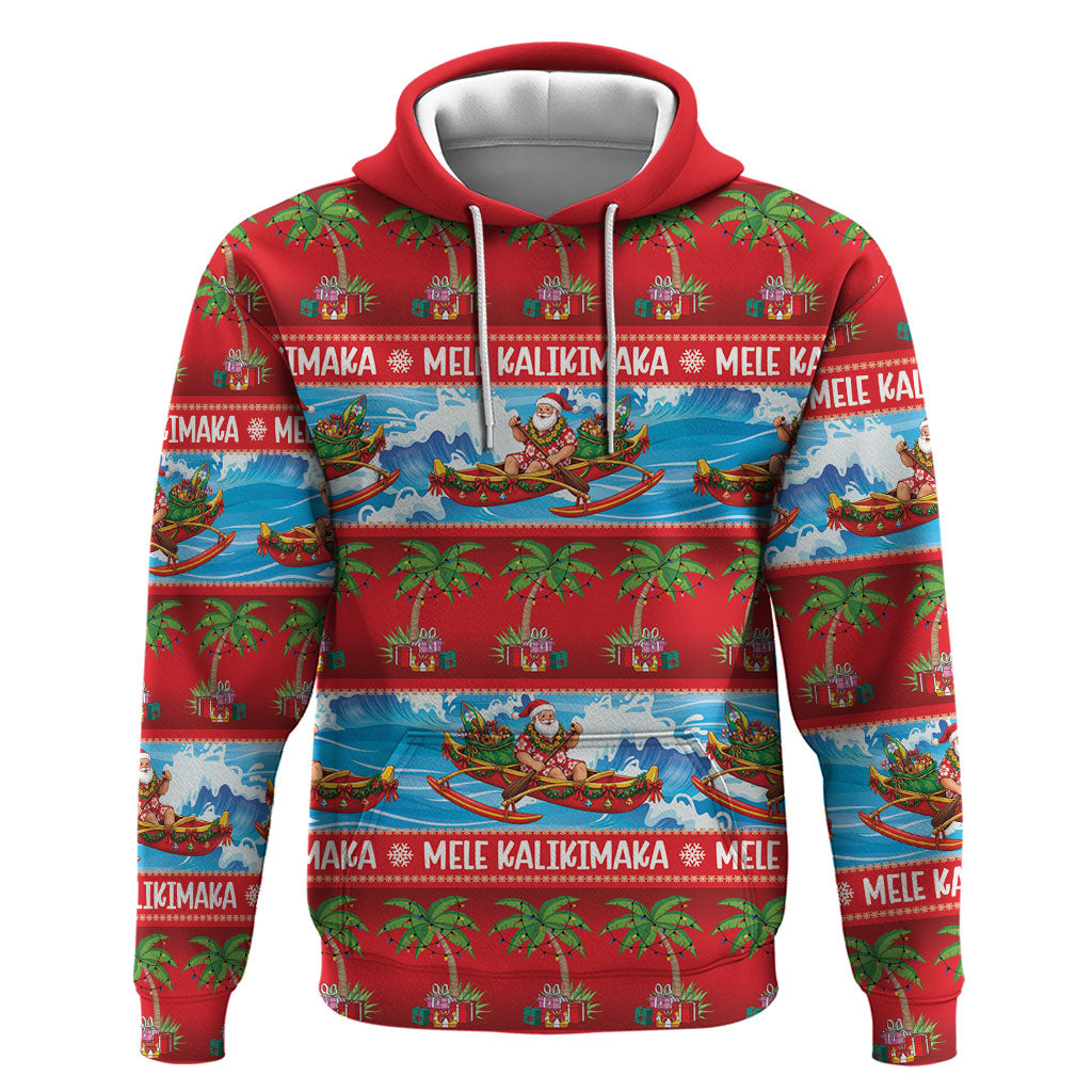 Hawaii Mele Kalikimaka Hoodie Outrigger Canoe Santa Festive Palm Seamless LT14 Pullover Hoodie Red - Polynesian Pride