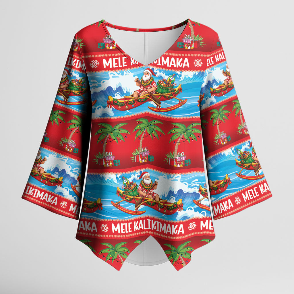 Hawaii Mele Kalikimaka Kimono Sleeve Blouse Outrigger Canoe Santa Festive Palm Seamless LT14 Female Red - Polynesian Pride
