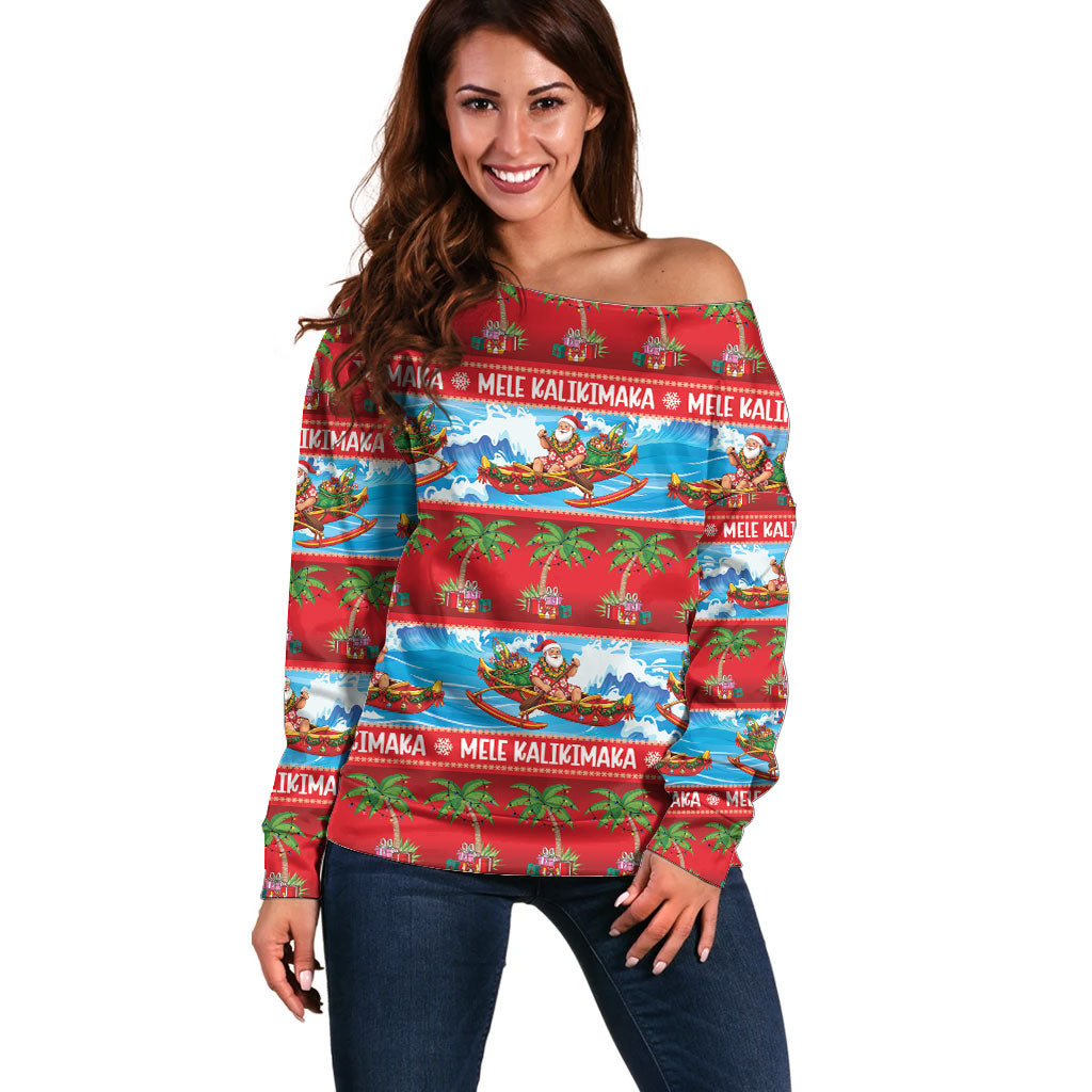 Hawaii Mele Kalikimaka Off Shoulder Sweater Outrigger Canoe Santa Festive Palm Seamless LT14 Women Red - Polynesian Pride