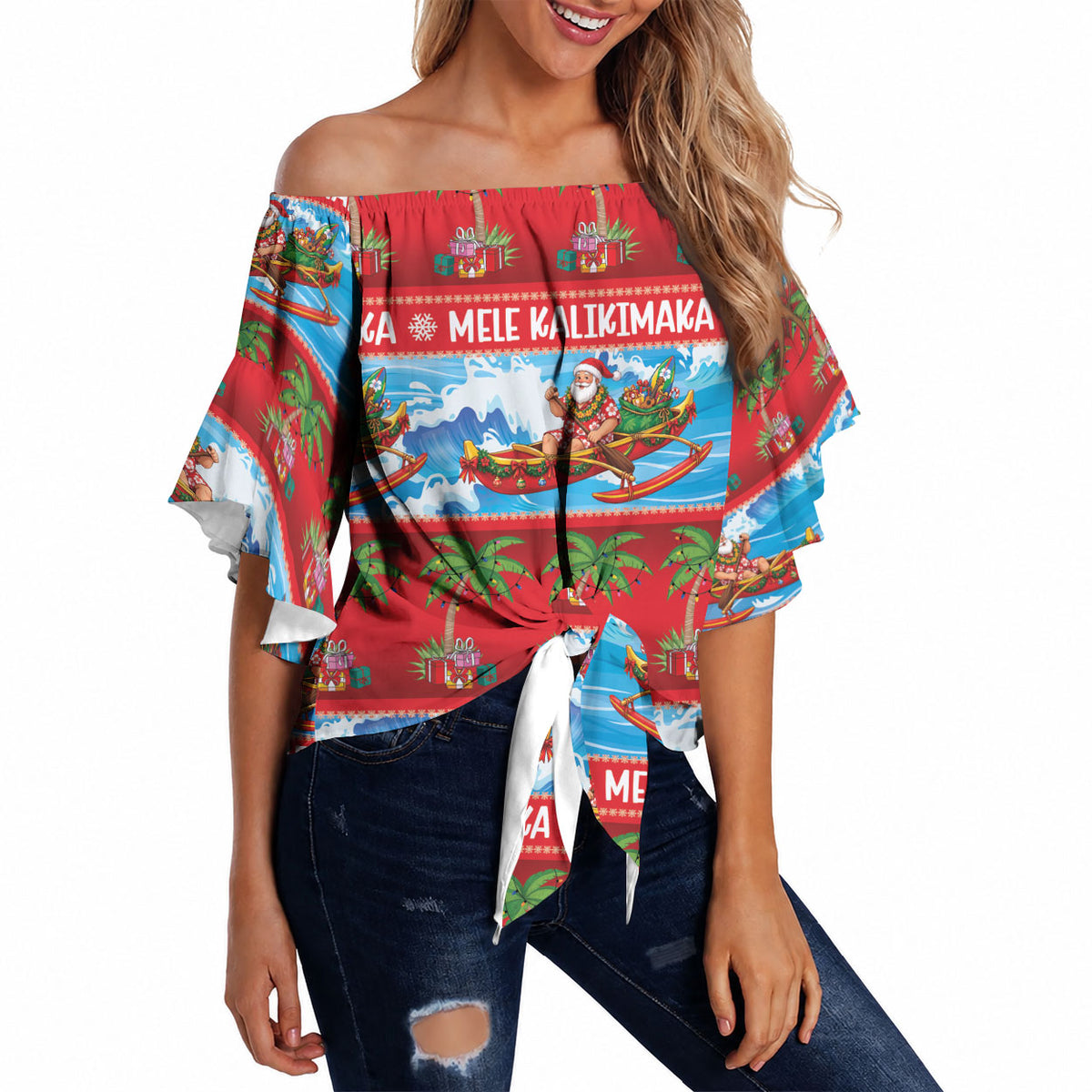 Hawaii Mele Kalikimaka Off Shoulder Wrap Waist Top Outrigger Canoe Santa Festive Palm Seamless LT14 Red - Polynesian Pride