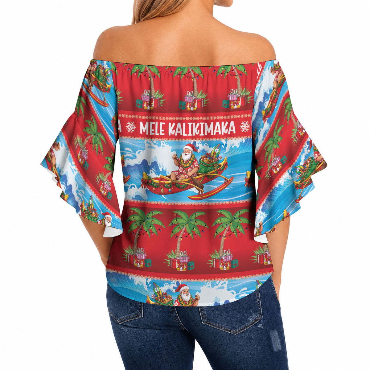 Hawaii Mele Kalikimaka Off Shoulder Wrap Waist Top Outrigger Canoe Santa Festive Palm Seamless LT14 - Polynesian Pride