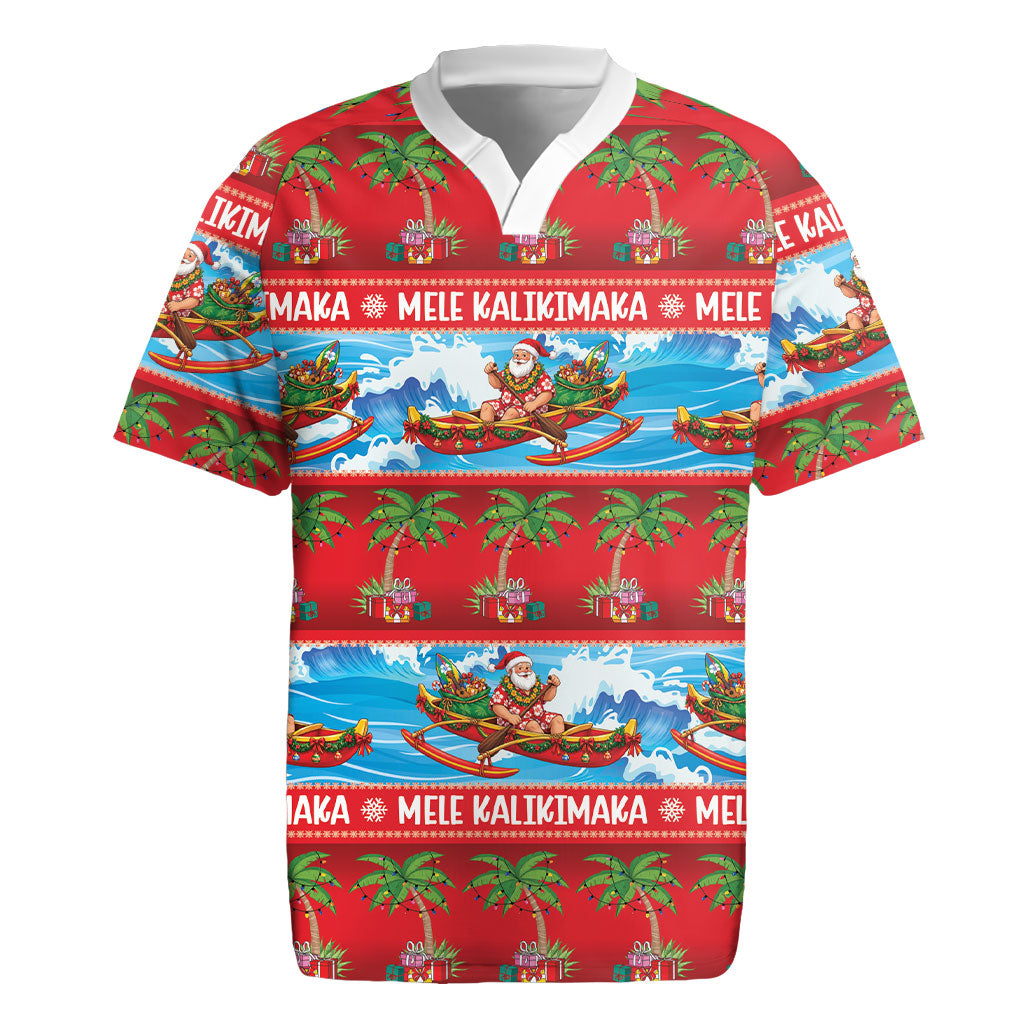 Hawaii Mele Kalikimaka Rugby Jersey Outrigger Canoe Santa Festive Palm Seamless LT14 Red - Polynesian Pride