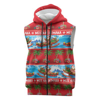 Hawaii Mele Kalikimaka Sleeveless Zip Hoodie Outrigger Canoe Santa Festive Palm Seamless LT14 Red - Polynesian Pride