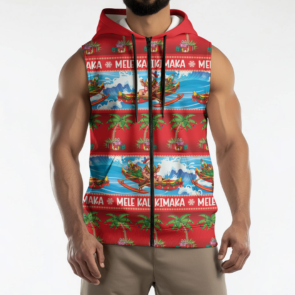 Hawaii Mele Kalikimaka Sleeveless Zip Hoodie Outrigger Canoe Santa Festive Palm Seamless LT14 - Polynesian Pride