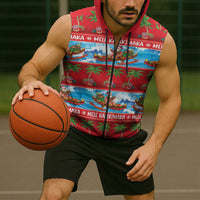 Hawaii Mele Kalikimaka Sleeveless Zip Hoodie Outrigger Canoe Santa Festive Palm Seamless LT14 - Polynesian Pride