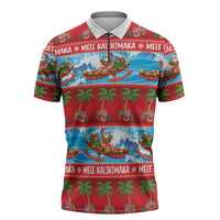 Hawaii Mele Kalikimaka Zipper Polo Shirt Outrigger Canoe Santa Festive Palm Seamless LT14 Red - Polynesian Pride