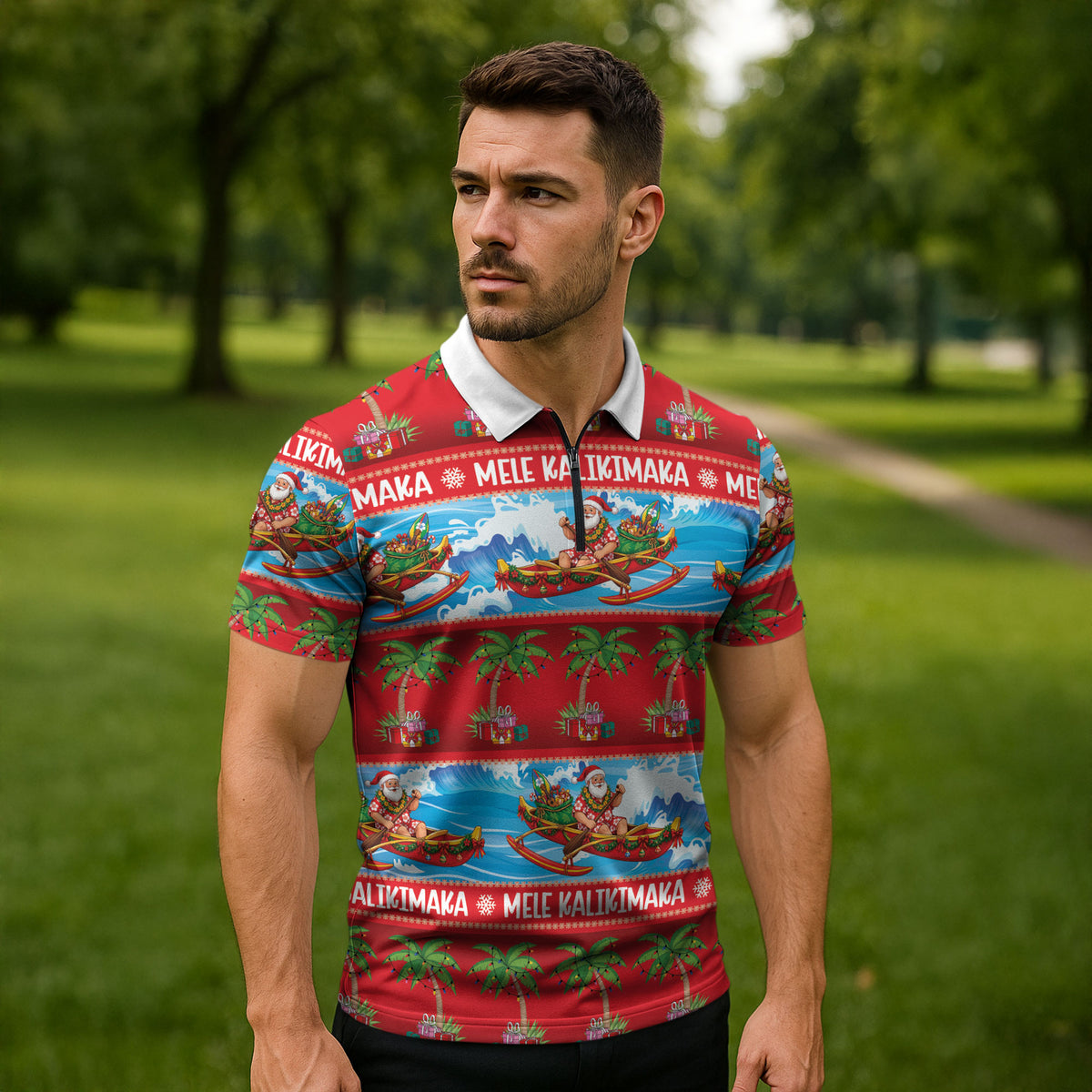Hawaii Mele Kalikimaka Zipper Polo Shirt Outrigger Canoe Santa Festive Palm Seamless LT14 - Polynesian Pride