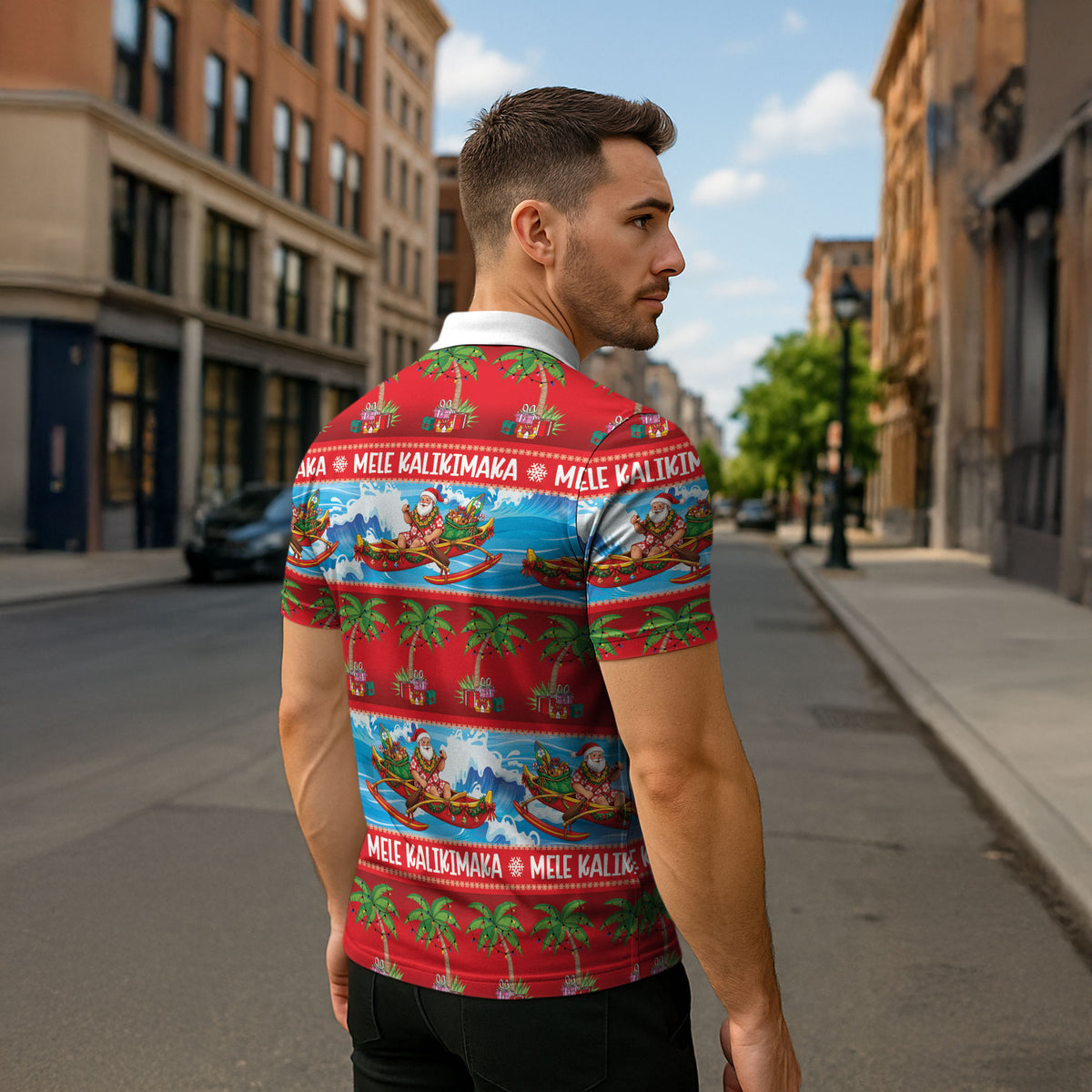 Hawaii Mele Kalikimaka Zipper Polo Shirt Outrigger Canoe Santa Festive Palm Seamless LT14 - Polynesian Pride