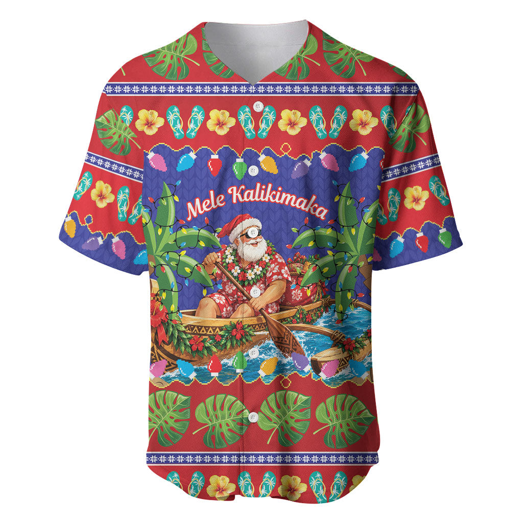 Santa Claus In Outrigger Canoe Hawaii Christmas Baseball Jersey Mele Kalikimaka Hawaiian Tropical Vibes LT14 Blue - Polynesian Pride