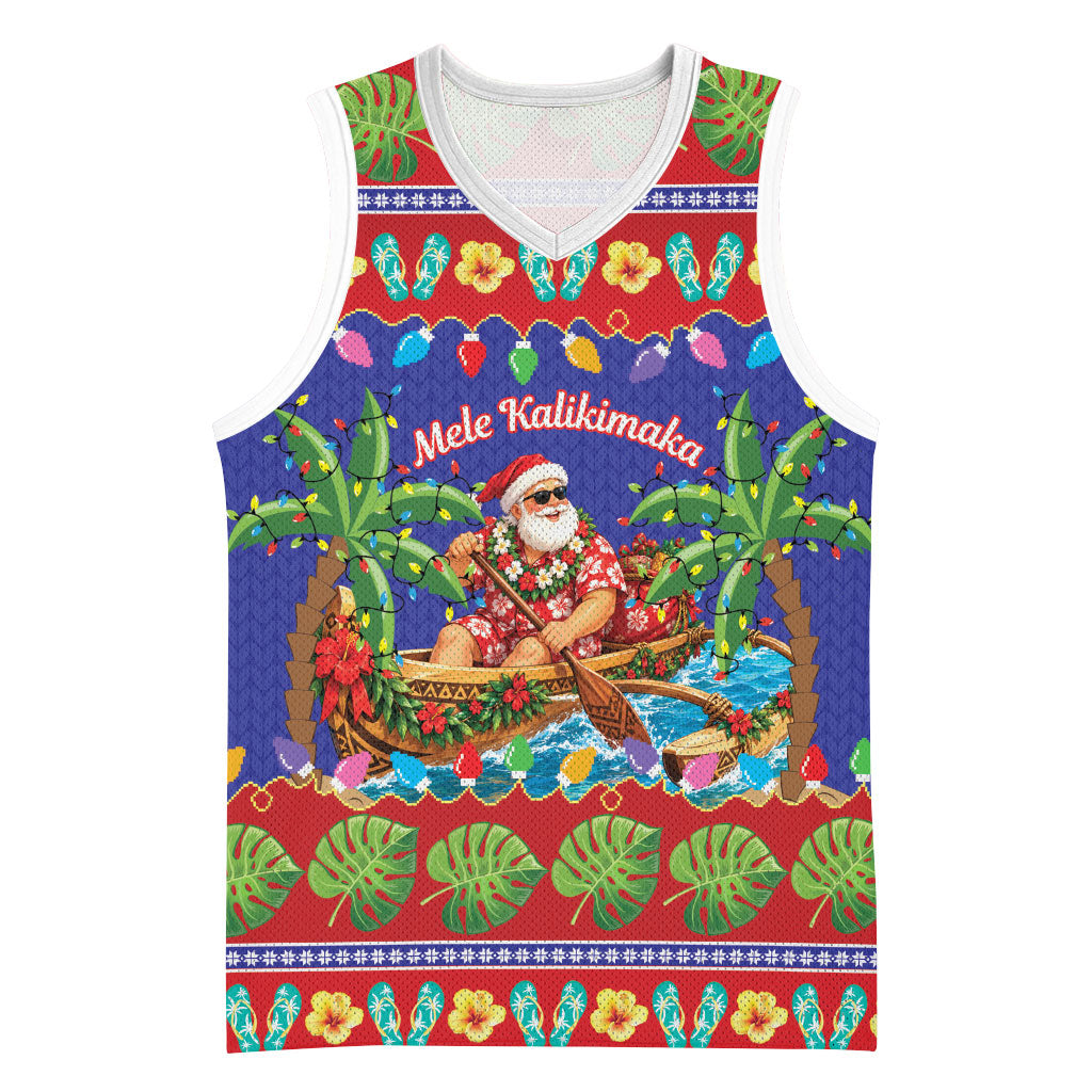 Santa Claus In Outrigger Canoe Hawaii Christmas Basketball Jersey Mele Kalikimaka Hawaiian Tropical Vibes LT14 Unisex Blue - Polynesian Pride
