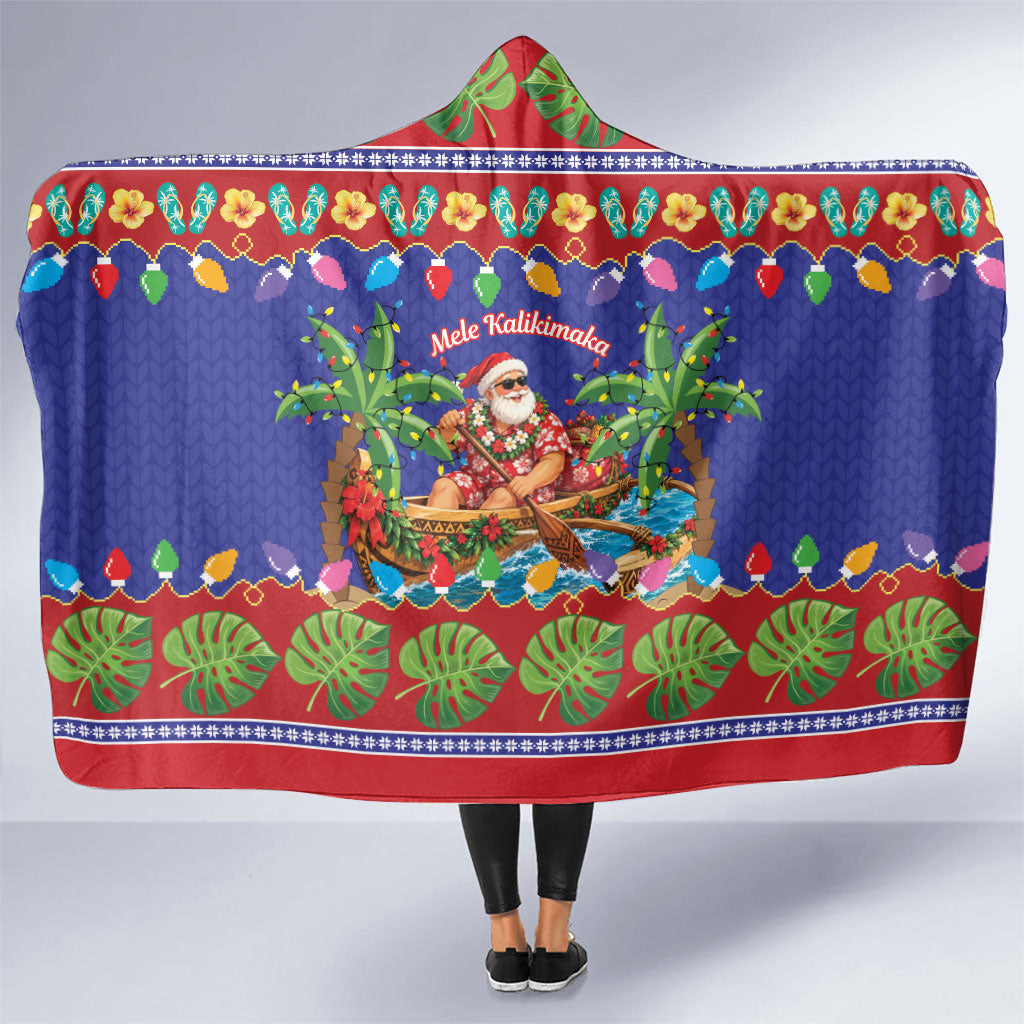 Santa Claus In Outrigger Canoe Hawaii Christmas Hooded Blanket Mele Kalikimaka Hawaiian Tropical Vibes LT14 One Size Blue - Polynesian Pride