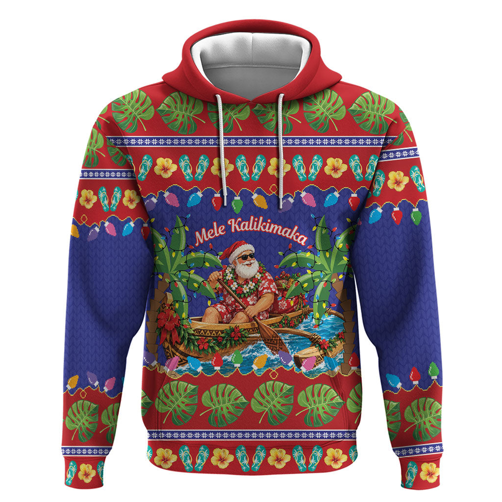 Santa Claus In Outrigger Canoe Hawaii Christmas Hoodie Mele Kalikimaka Hawaiian Tropical Vibes LT14 Pullover Hoodie Blue - Polynesian Pride