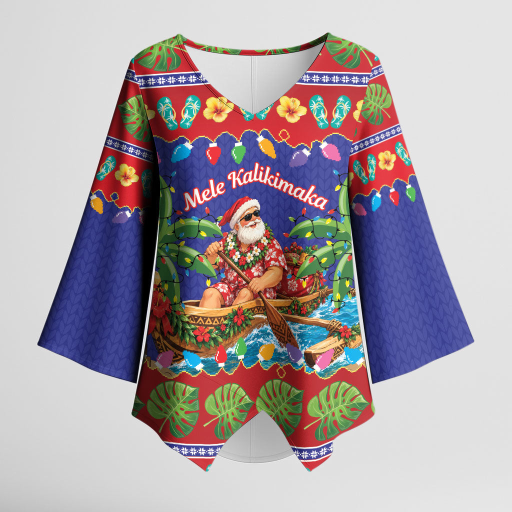 Santa Claus In Outrigger Canoe Hawaii Christmas Kimono Sleeve Blouse Mele Kalikimaka Hawaiian Tropical Vibes LT14 Female Blue - Polynesian Pride