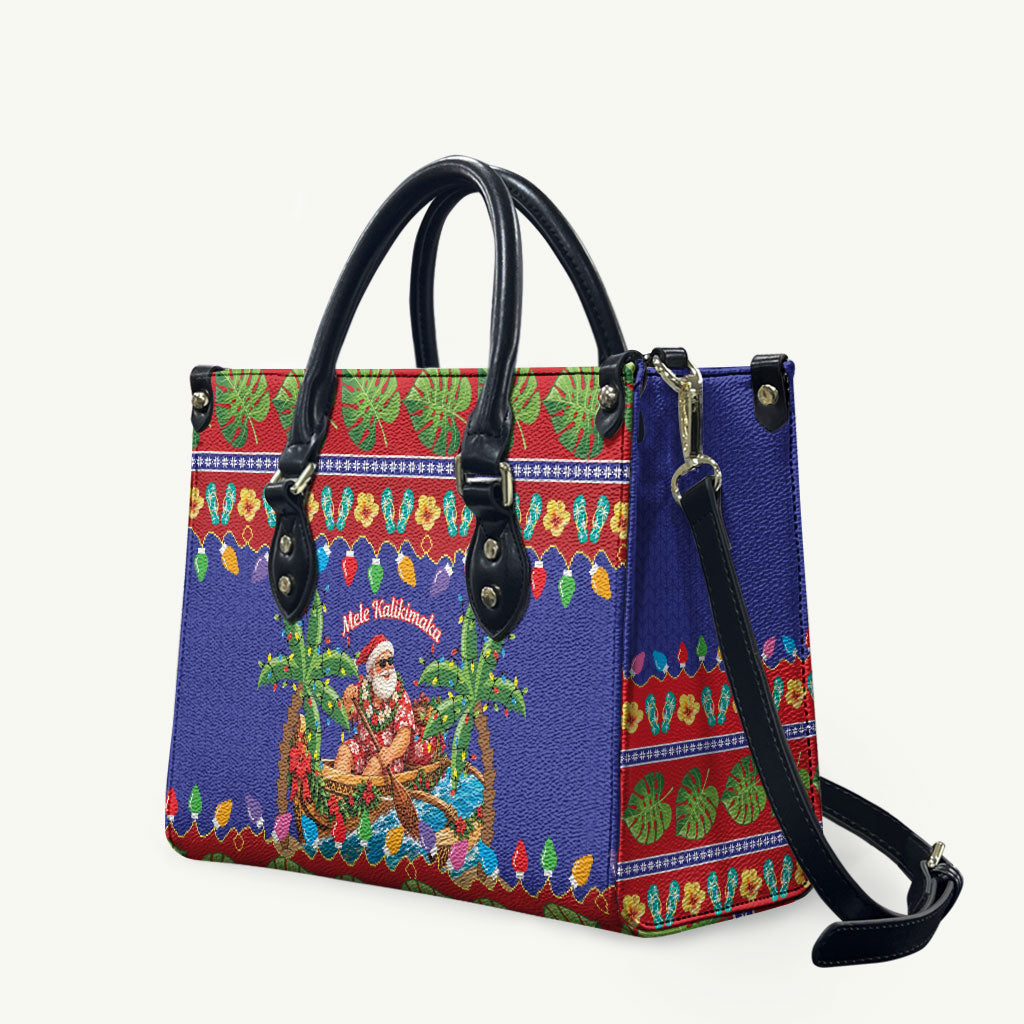 Santa Claus In Outrigger Canoe Hawaii Christmas Leather Bag Mele Kalikimaka Hawaiian Tropical Vibes LT14 Blue - Polynesian Pride
