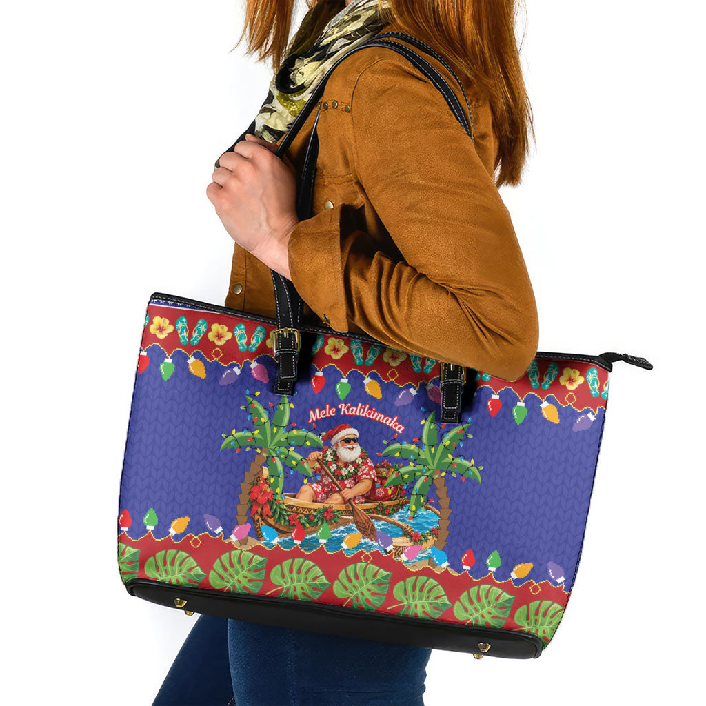 Santa Claus In Outrigger Canoe Hawaii Christmas Leather Tote Bag Mele Kalikimaka Hawaiian Tropical Vibes LT14 Blue - Polynesian Pride