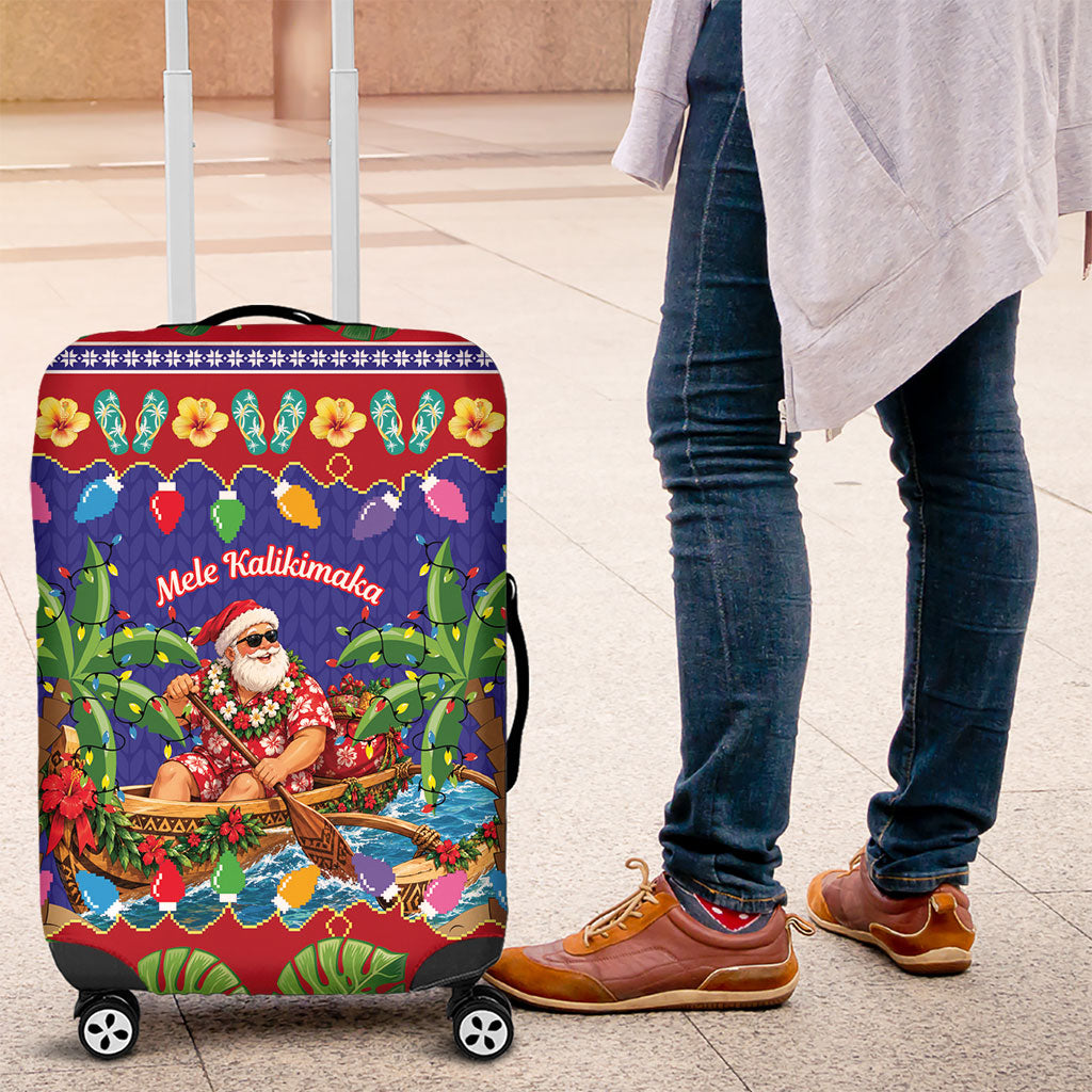 Santa Claus In Outrigger Canoe Hawaii Christmas Luggage Cover Mele Kalikimaka Hawaiian Tropical Vibes LT14 Blue - Polynesian Pride