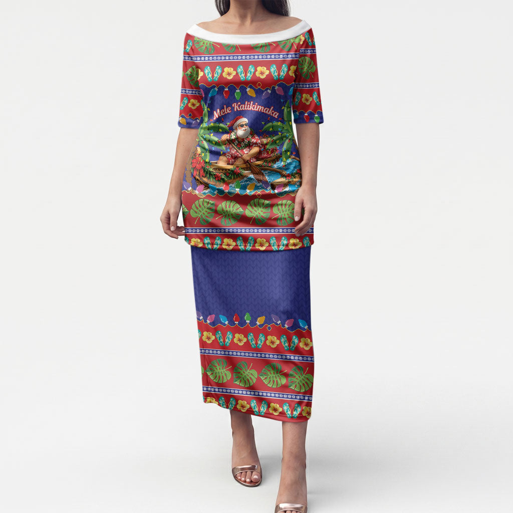 Santa Claus In Outrigger Canoe Hawaii Christmas Puletasi Mele Kalikimaka Hawaiian Tropical Vibes LT14 Long Dress Blue - Polynesian Pride