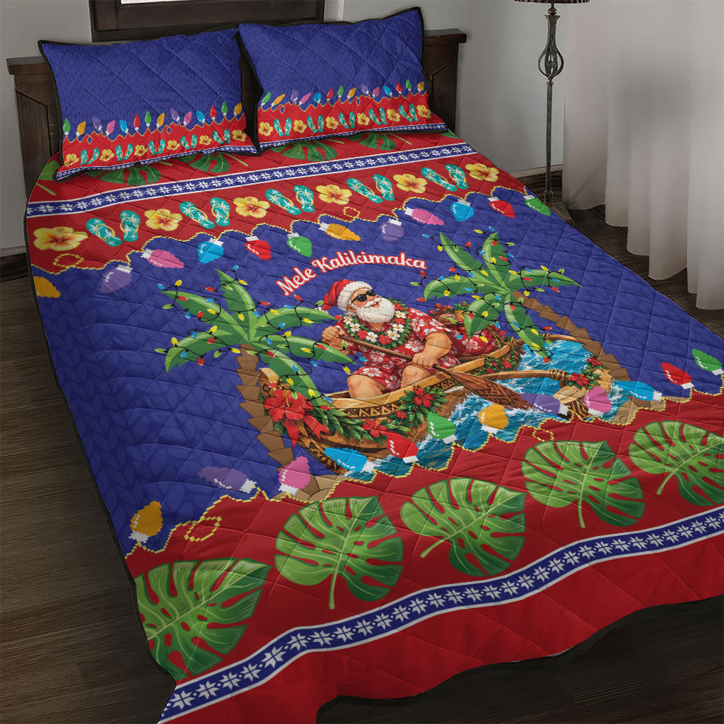 Santa Claus In Outrigger Canoe Hawaii Christmas Quilt Bed Set Mele Kalikimaka Hawaiian Tropical Vibes LT14 Blue - Polynesian Pride