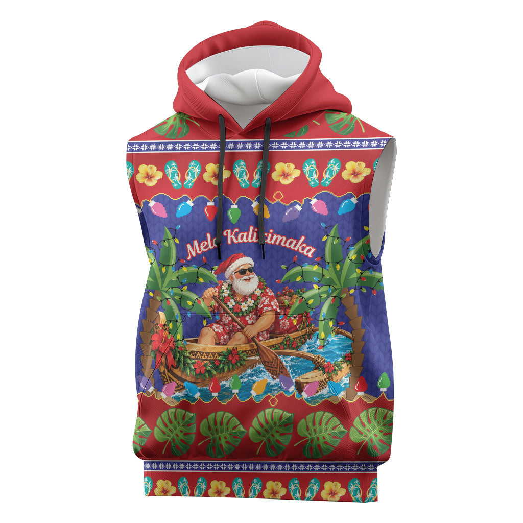Santa Claus In Outrigger Canoe Hawaii Christmas Sleeveless Hoodie Mele Kalikimaka Hawaiian Tropical Vibes LT14 Blue - Polynesian Pride