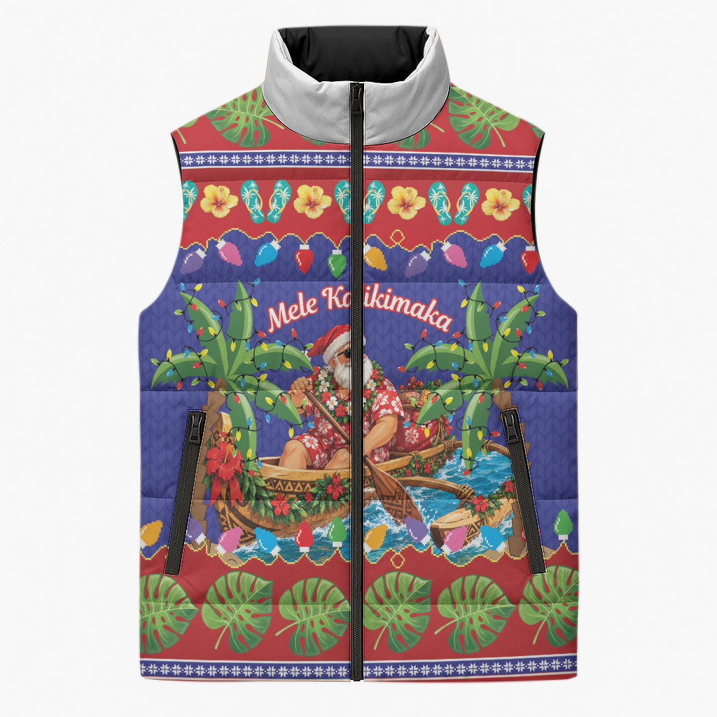 Santa Claus In Outrigger Canoe Hawaii Christmas Sleeveless Puffer Jacket Mele Kalikimaka Hawaiian Tropical Vibes LT14 Unisex Blue - Polynesian Pride