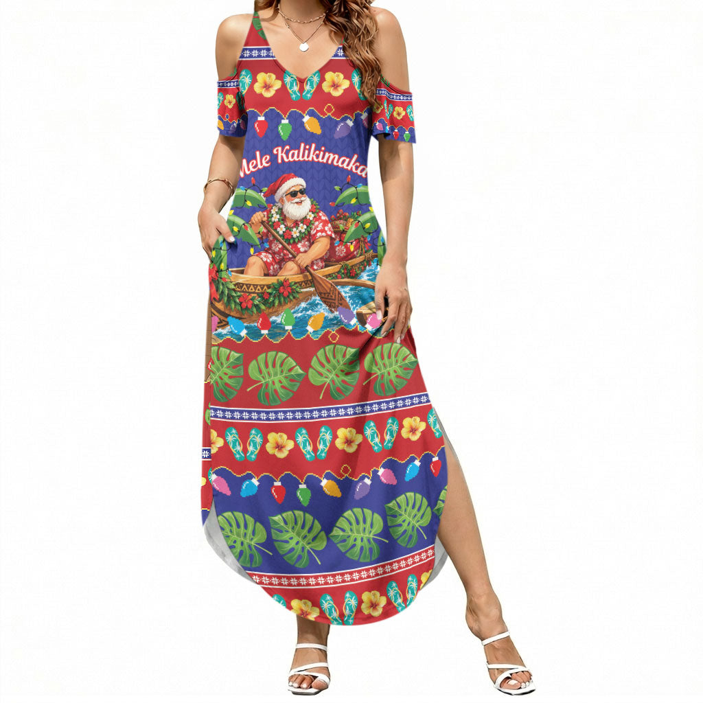 Santa Claus In Outrigger Canoe Hawaii Christmas Summer Maxi Dress Mele Kalikimaka Hawaiian Tropical Vibes LT14 Women Blue - Polynesian Pride