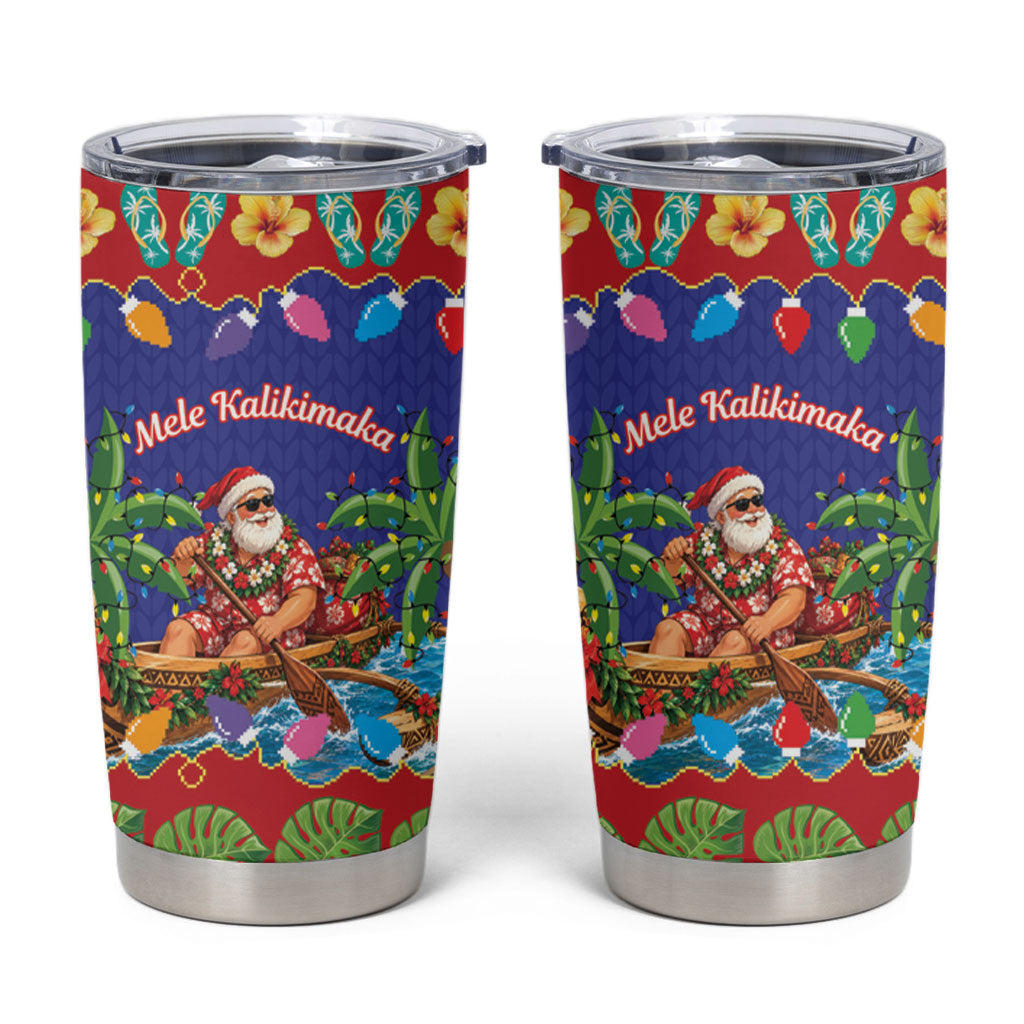 Santa Claus In Outrigger Canoe Hawaii Christmas Tumbler Cup Mele Kalikimaka Hawaiian Tropical Vibes LT14 Blue - Polynesian Pride