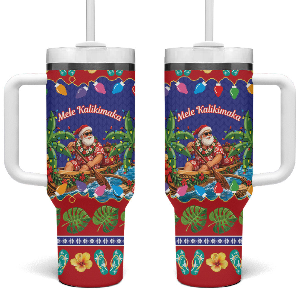 Santa Claus In Outrigger Canoe Hawaii Christmas Tumbler With Handle Mele Kalikimaka Hawaiian Tropical Vibes LT14 One Size: 40 oz Blue - Polynesian Pride