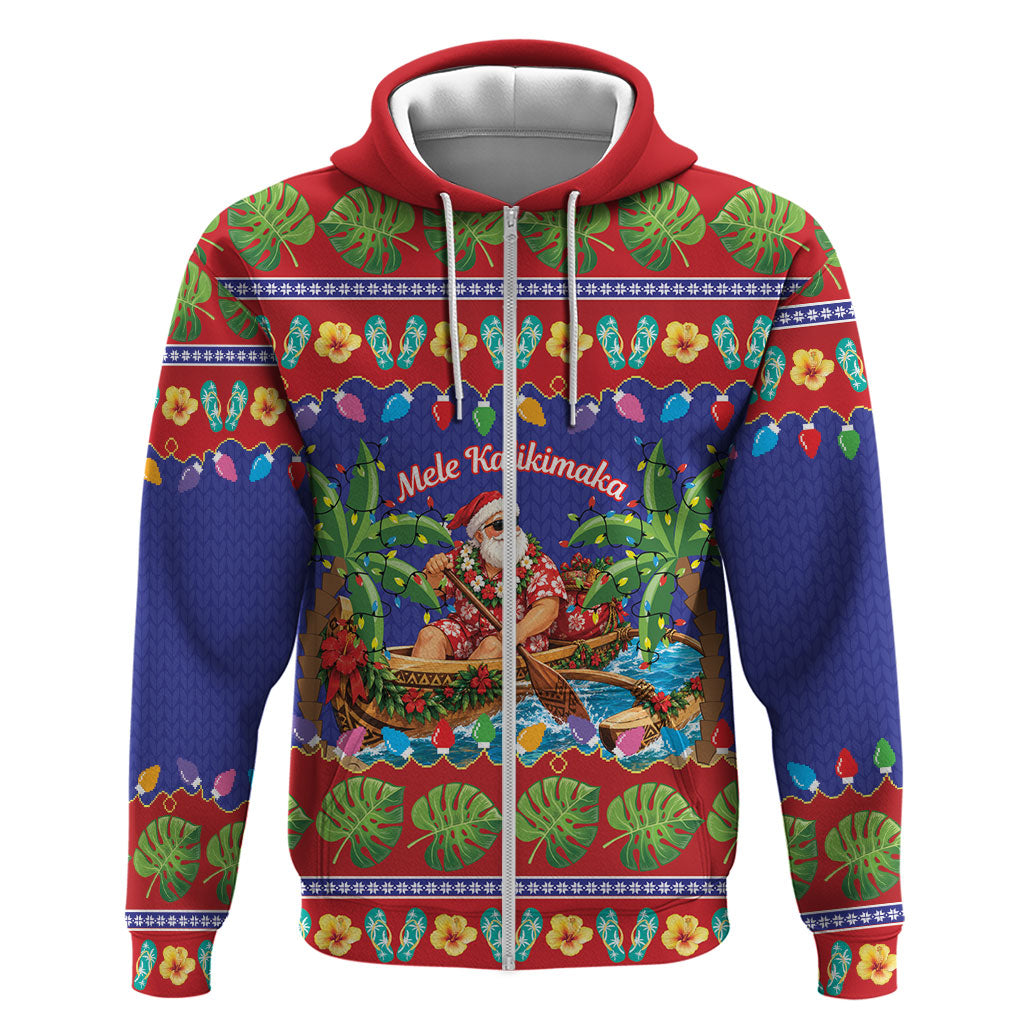 Santa Claus In Outrigger Canoe Hawaii Christmas Zip Hoodie Mele Kalikimaka Hawaiian Tropical Vibes LT14 Zip Hoodie Blue - Polynesian Pride