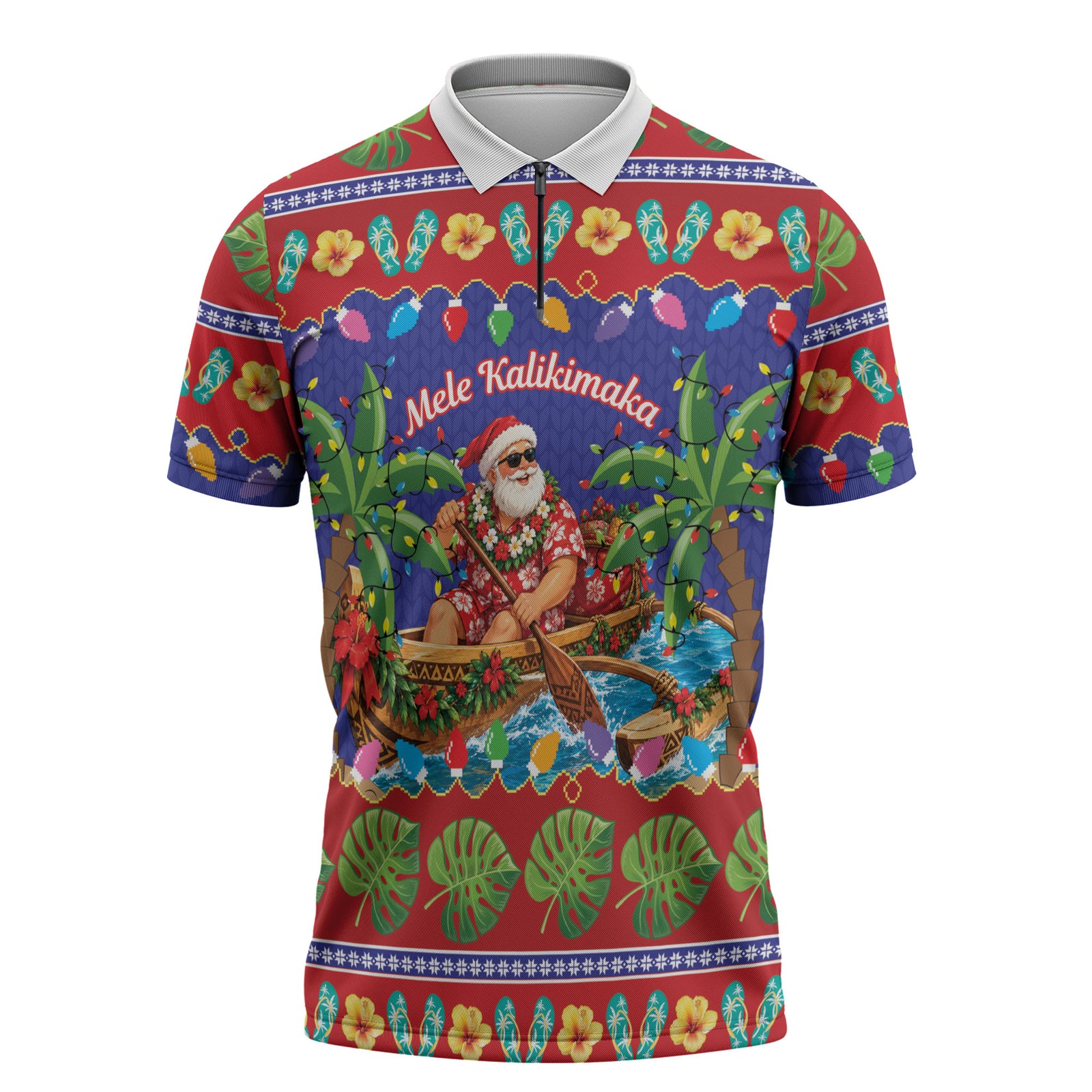 Santa Claus In Outrigger Canoe Hawaii Christmas Zipper Polo Shirt Mele Kalikimaka Hawaiian Tropical Vibes LT14 Blue - Polynesian Pride